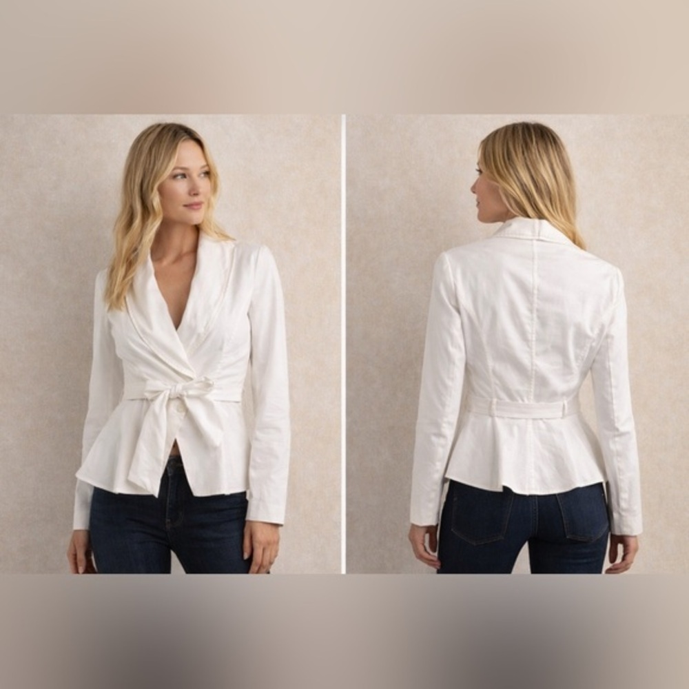 BCBG Max Azria White Tie Waist Blouse Peplum Top Fitted Stretch Cotton